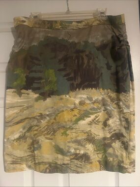 Kevin O'Brien Painterly Abstract Pencil Skirt in Olive, Tan, Cream